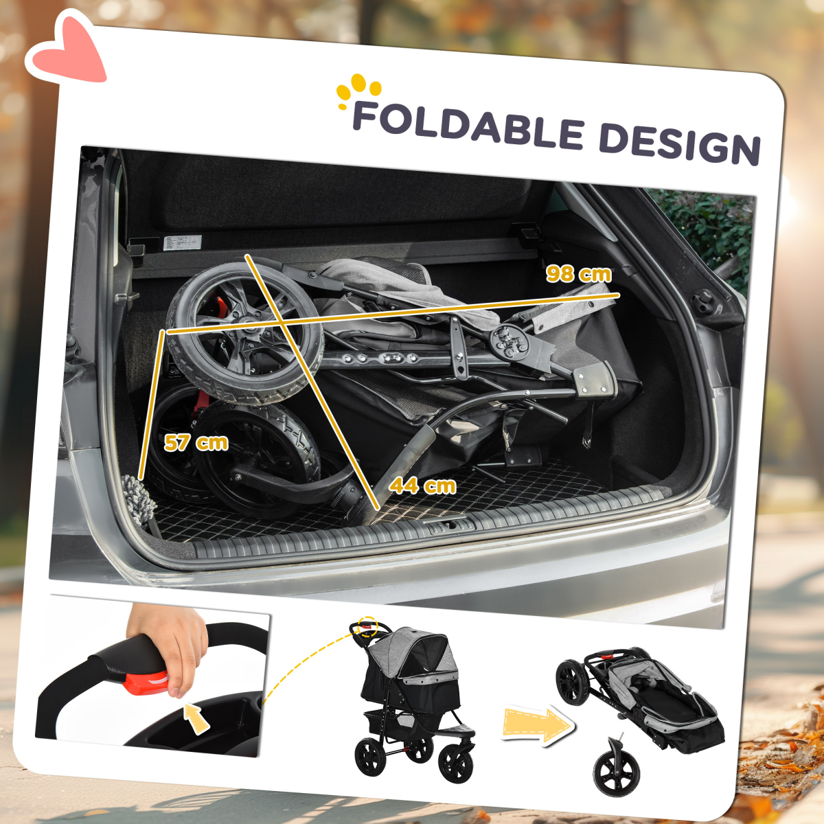 Folding 3 Wheel Pet Stroller Travel w/ Adjustable Canopy Storage Brake Grey - from Unbranded