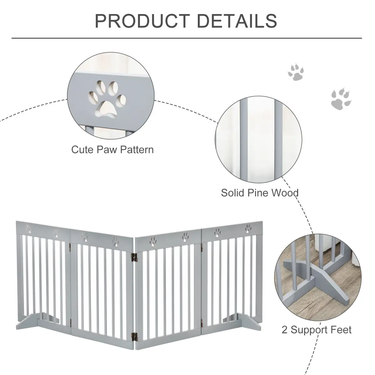 Pawhut Freestanding Pet Gate 4 Panel Folding Wooden Dog Barrier w/ Support Feet - Pet Gate