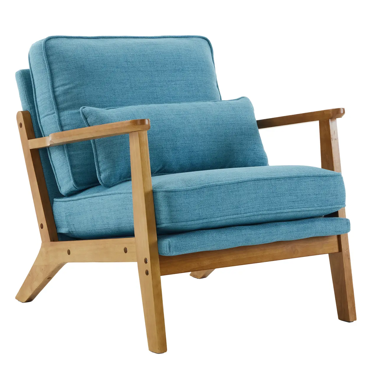 N/A Mid-Century Oak Accent Chair - Linen-Cotton Navy Blue Upholstered Single Lounge Chair, Indoor Armchair with Sturdy Wood Frame (330LBS Weight Capacity) - Accent Chair
