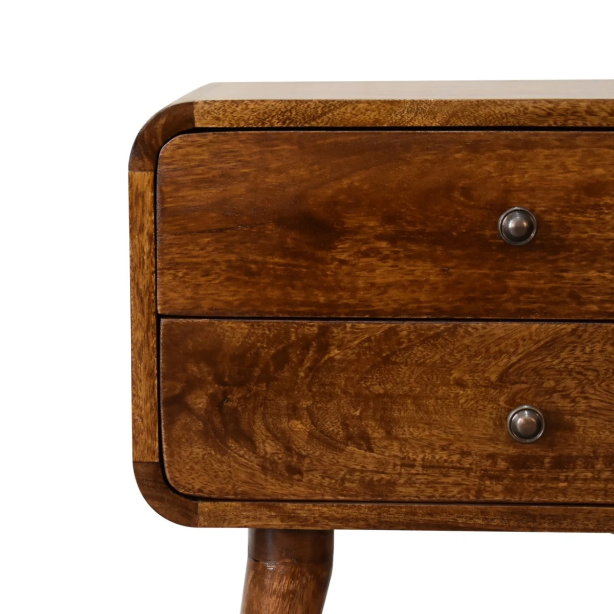 Artisan Bedside Table Compact Nightstand Solid Mango Wood 2 Drawers Curved Chestnut Finish for Bedroom Decor by Artisan Furniture