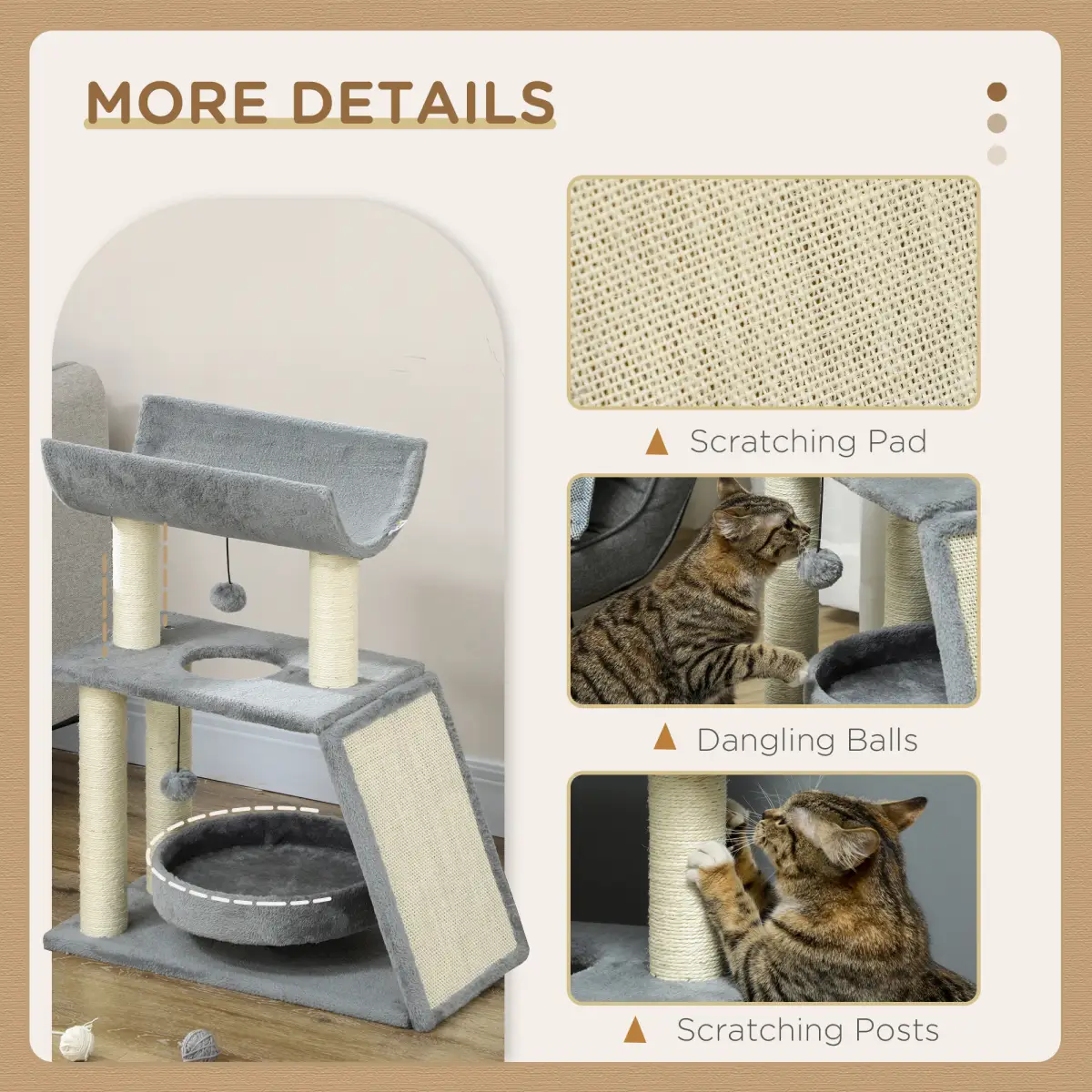 PawHut Cat Tree Tower for Indoor Cats w/ Scratching Posts, Pad, Light Grey, Toy Ball - Cat Tree