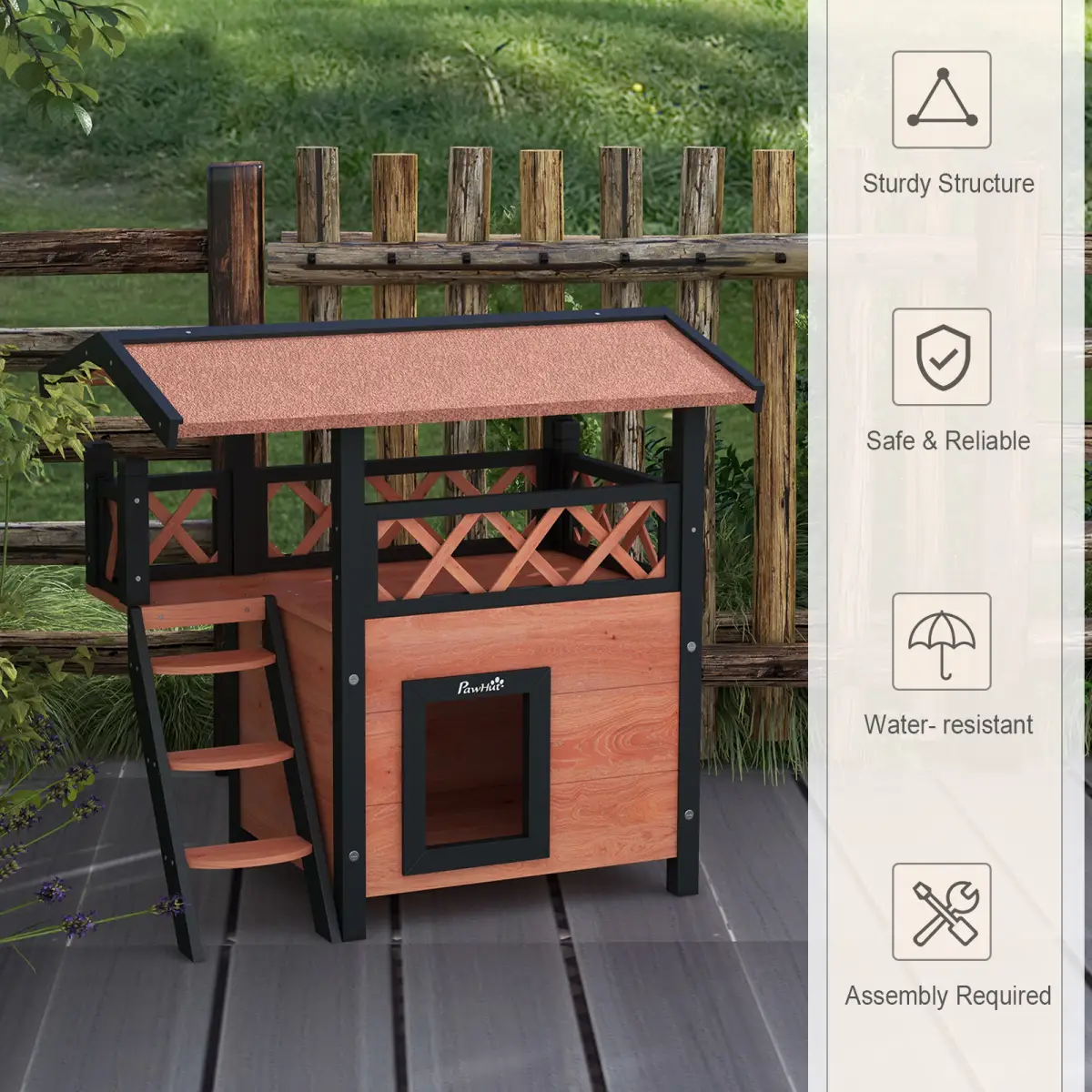 PawHut PawHut Outdoor Cat House with Balcony Stairs Roof, Brown - Cat House