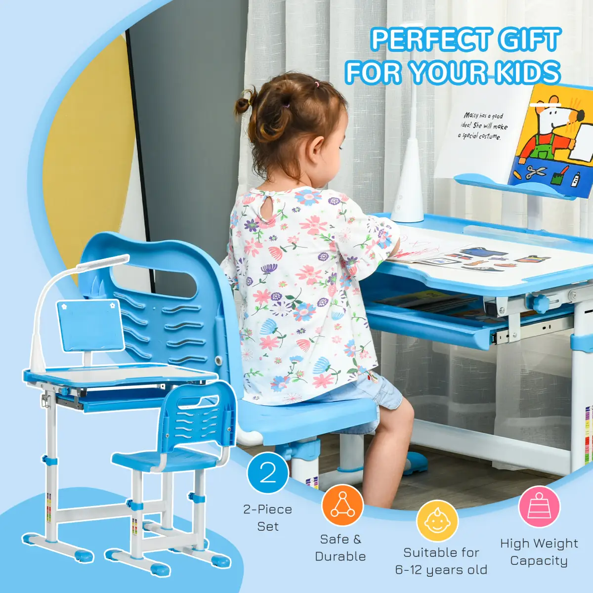 HOMCOM HOMCOM Kids Study Desk and Chair Set w/ USB Lamp, Adjustable Height, Blue - Desk