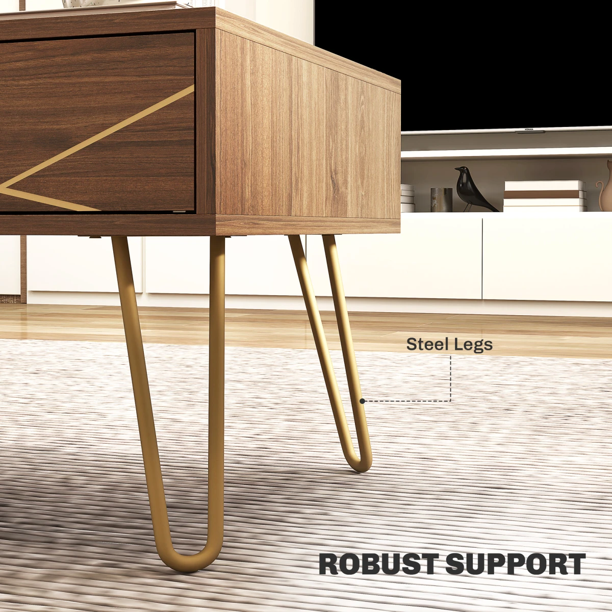 HOMCOM Coffee Table Long Woodgrain Finish With Two Drawers Gold Hairpin Legs Living Room by HOMCOM