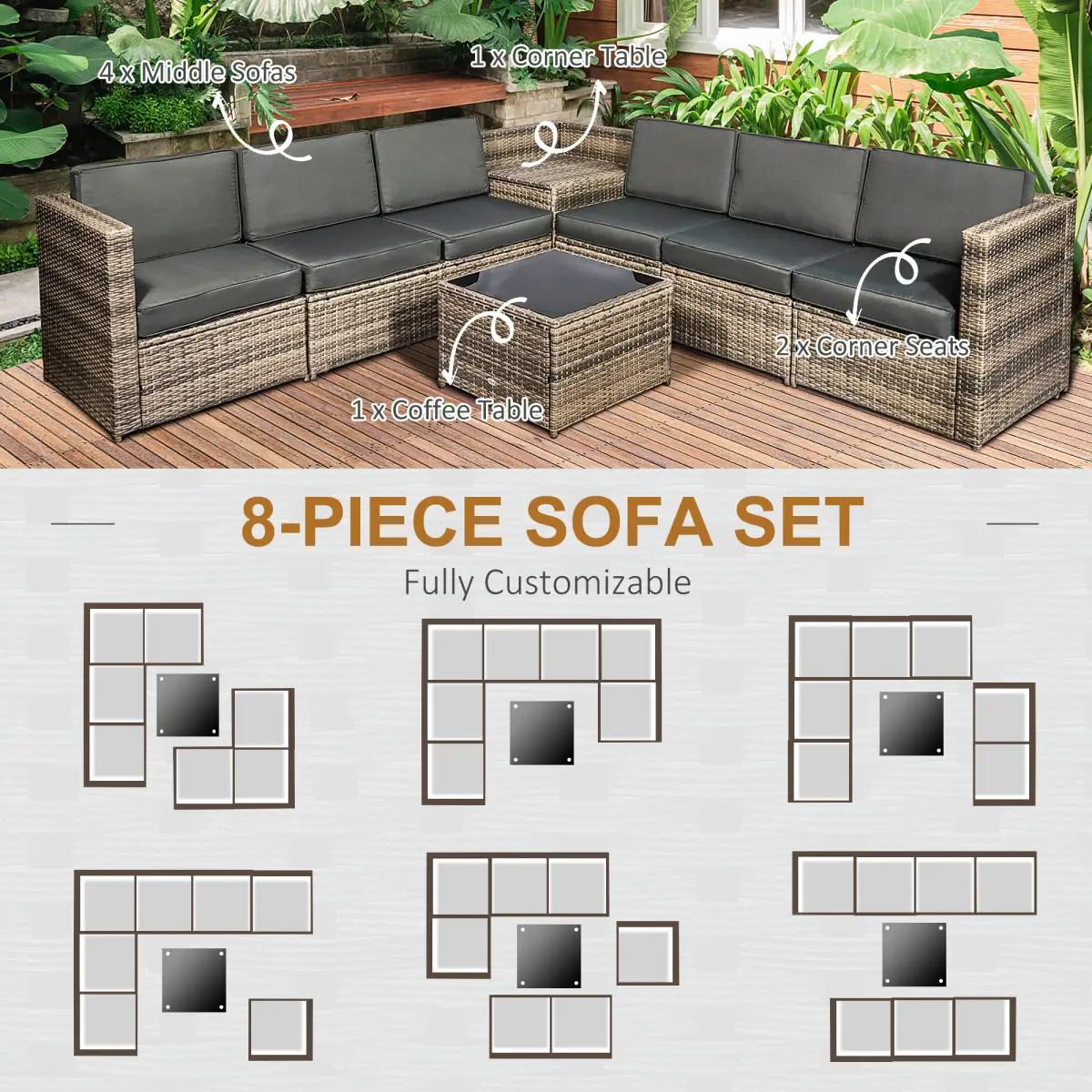 Outsunny Outsunny 8Pcs Patio Rattan Sofa Set Garden Furniture Side Table w/ Cushion - Garden Sofa Sets