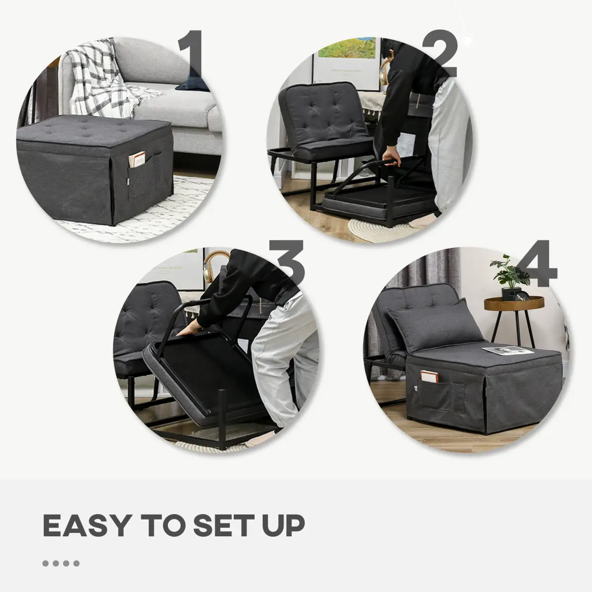 HOMCOM HOMCOM Folding Sleeper Chair Bed with Pillow and Side Pockets, Charcoal Grey - Folding Chairs