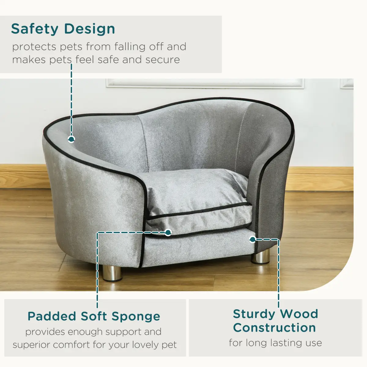 Pawhut Modern Dog Sofa Couch Puppy Bed Kitten Lounge w/Storage Pocket Removable Cushion - Dog Beds