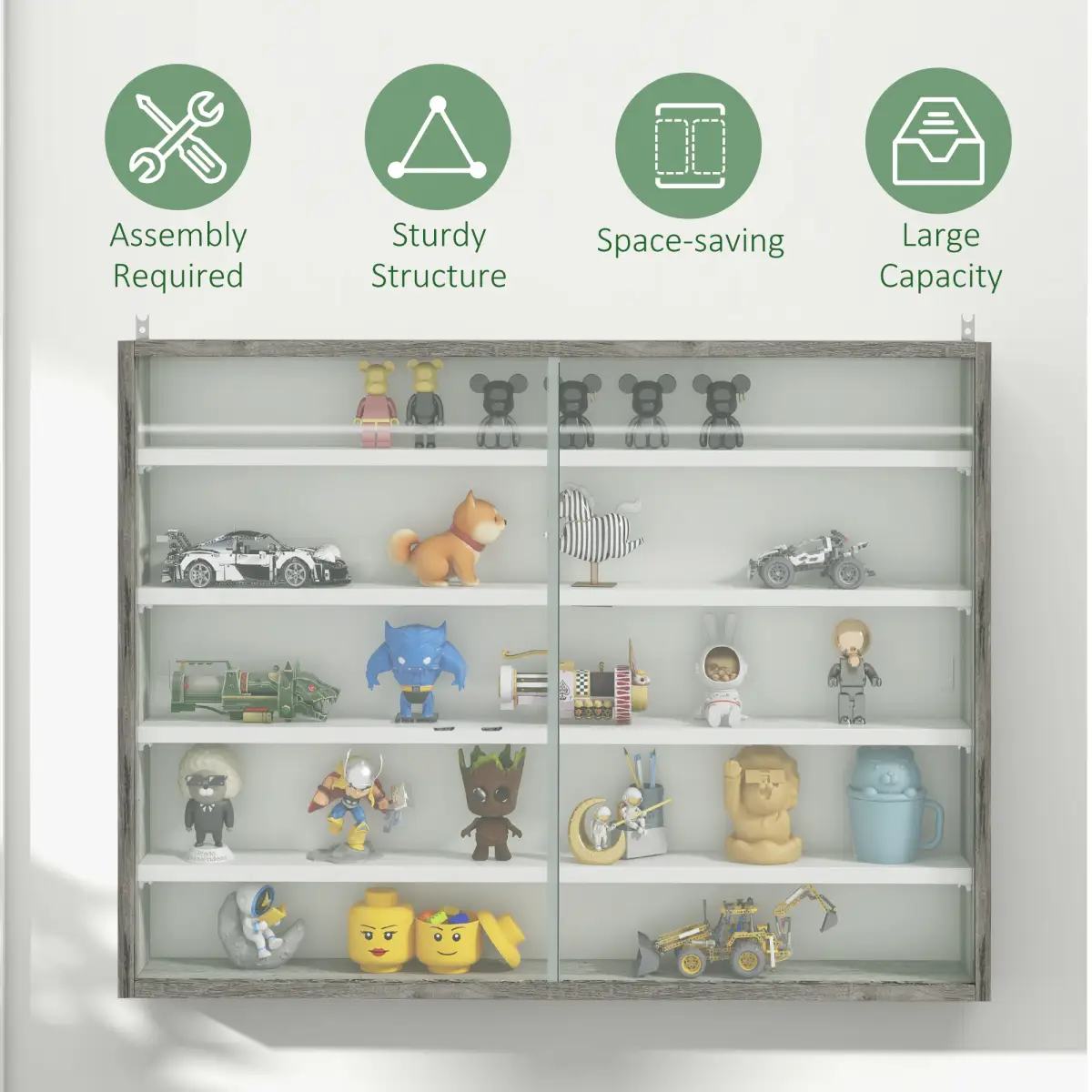 HOMCOM HOMCOM 5-Tier Wall Display Shelf Unit Cabinet w/ Shelves Glass Doors Grey Wood - Display Cabinet