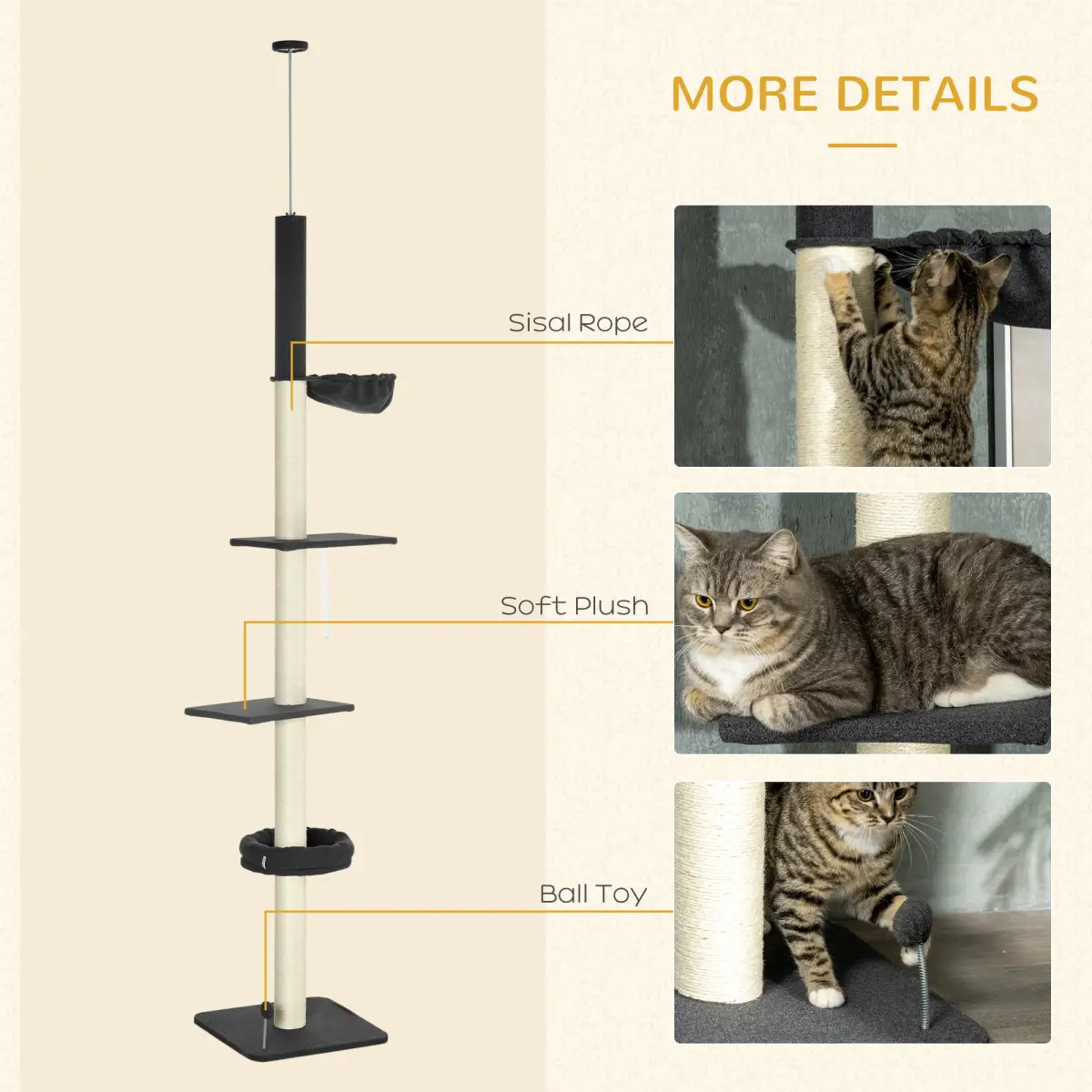 PawHut PawHut Floor-To-Ceiling Cat Tree, Height Adjustable, Black - Cat Tree