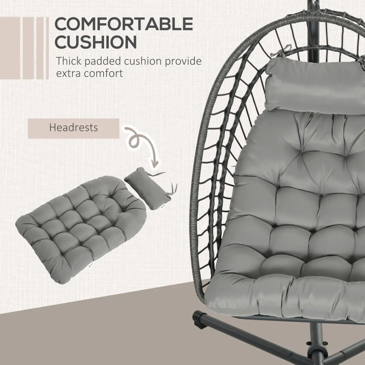 Outsunny Outsunny PE Hanging Swing Chair w/ Thick Cushion, Patio Hanging Chair, Grey - Hammocks