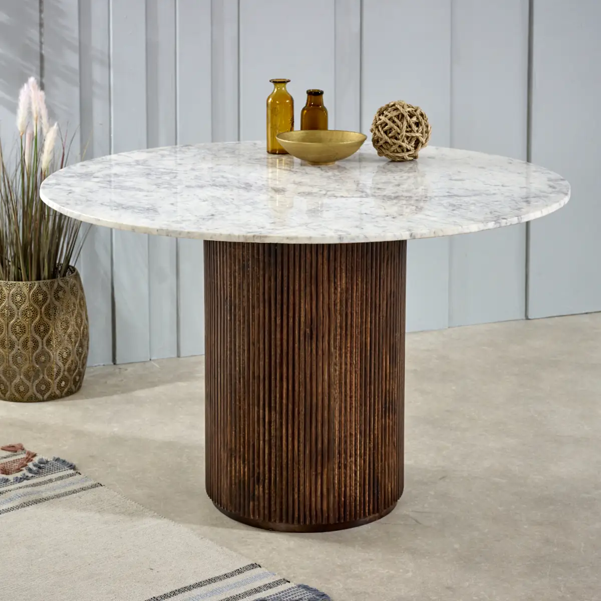 Indian Hub Opal Mango Wood Dining Table Round With Marble Top - Dining Table
