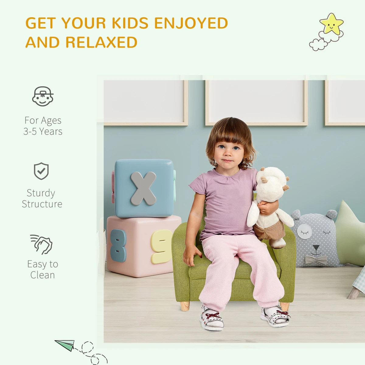 HOMCOM Armchair Wood Frame Padded Seat For Kids Bedroom - Armchair