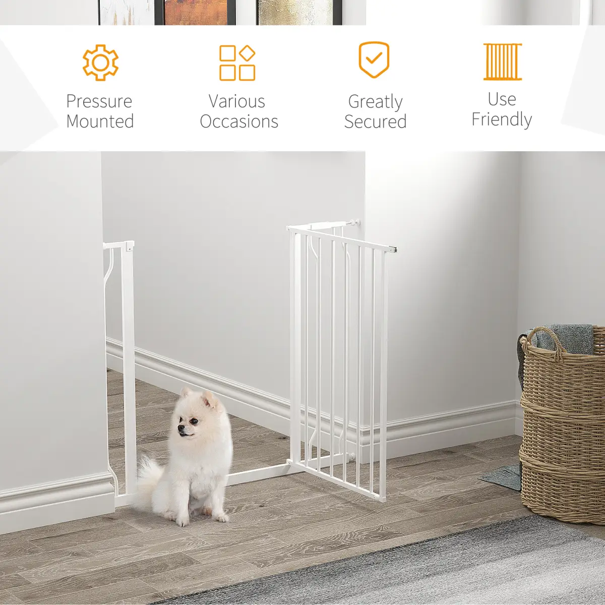 PawHut PawHut Dog Gate Wide Stair Gate with Door Pressure Fit, 75-95W cm, White - Pet Gate