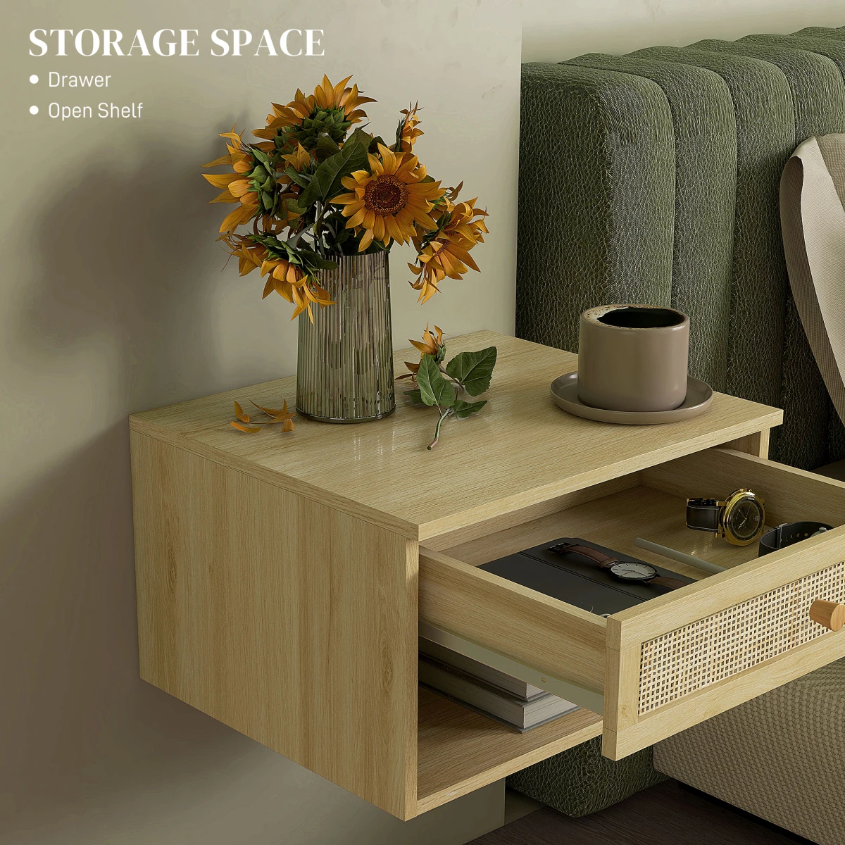 Premium Floating Nightstands Two Pack Compact Size With Rattan Drawer And Open Shelf Bedroom Storage by HOMCOM