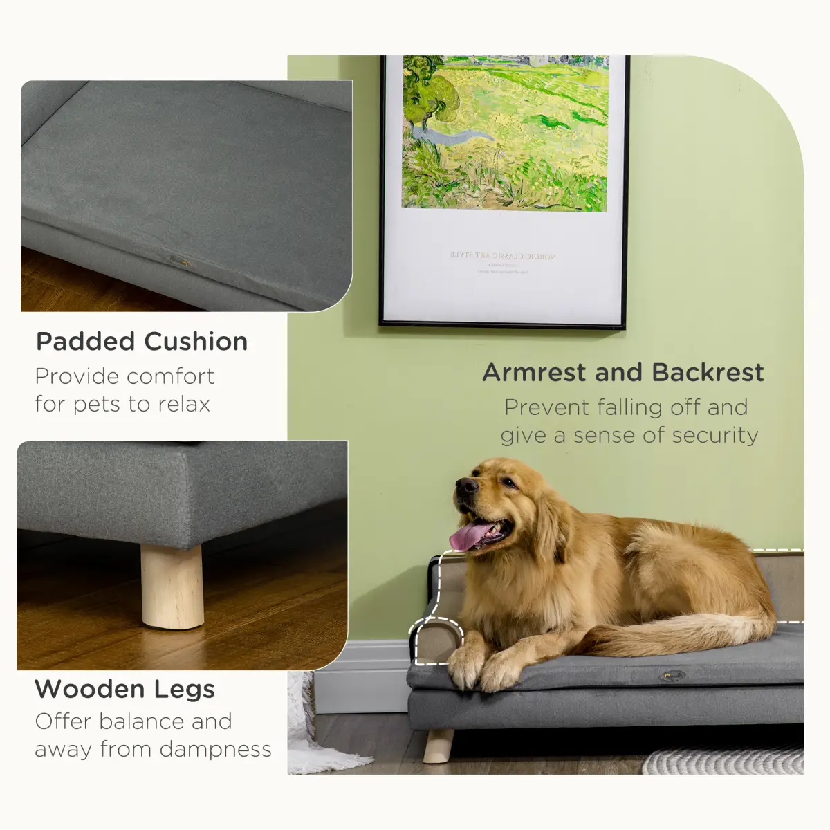 PawHut Pet Sofa for Large, Medium Dogs, with Wooden Legs Water-resistant Fabric, Grey - Dog Beds
