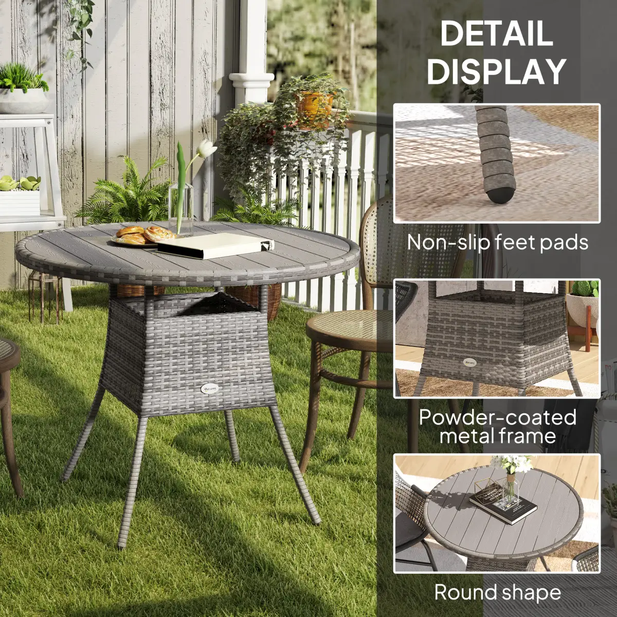 Outsunny Outsunny Outdoor PE Rattan Dining Table w/ Wood-plastic Composite Top, Grey - Garden Table