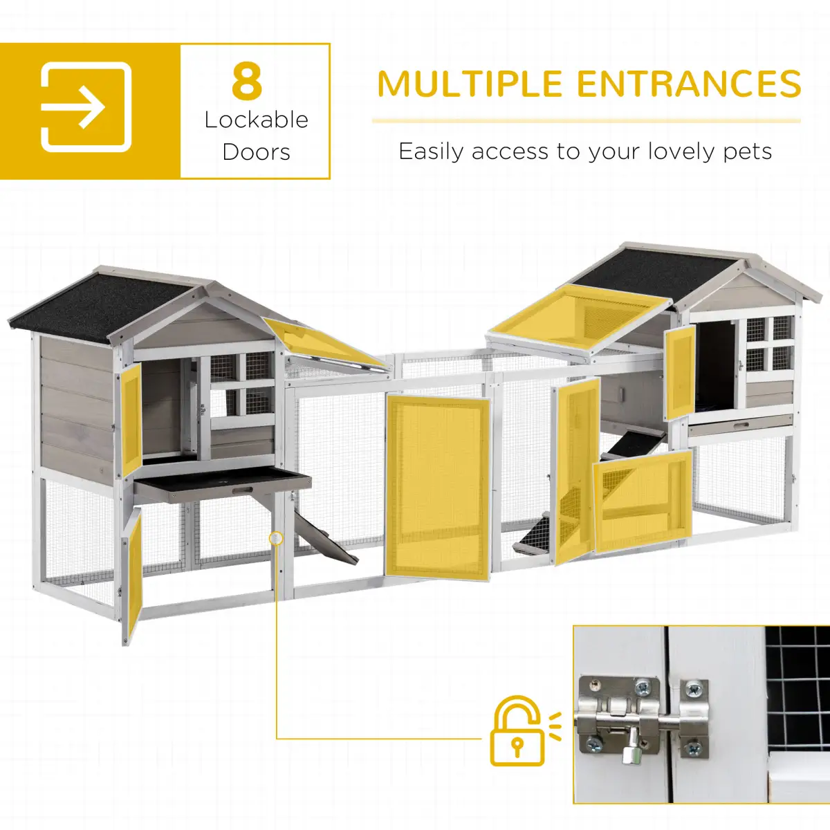 PawHut 2-In-1 Wooden Rabbit Hutch w/ Double House, Run Box, Slide-Out Tray, Ramp - Rabbit Hutch