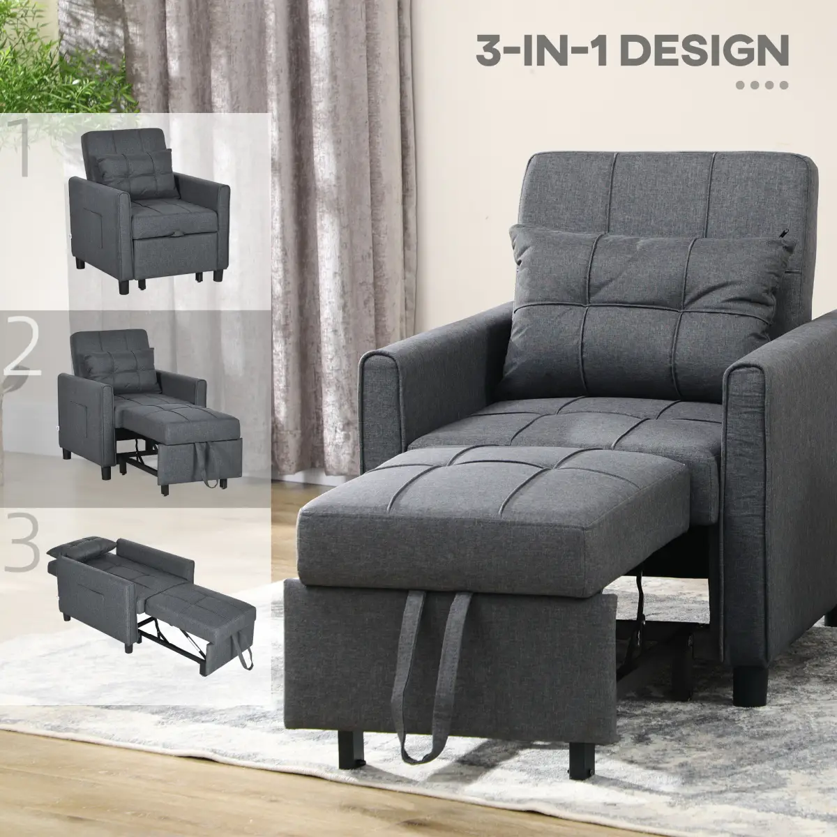 HOMCOM HOMCOM Pull Out Chair Bed, Sleeper Chair with Pillow, Side Pockets, Grey - Sofa Bed