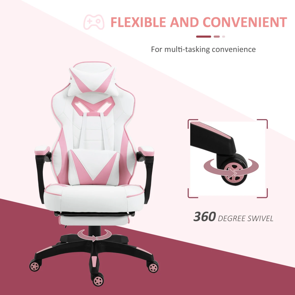 Gaming Chair Ergonomic Reclining w/ Manual Footrest Wheels Stylish Office Pink by Vinsetto