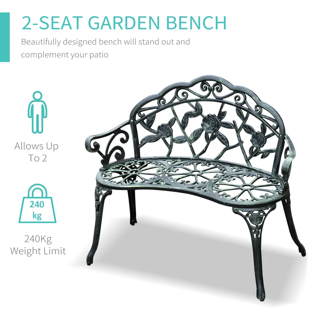 Outsunny Cast Aluminum Garden Bench Patio Chair - Garden Chairs