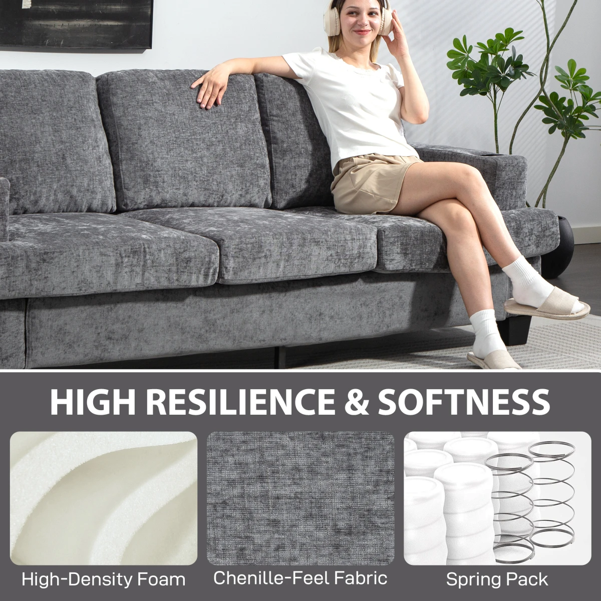 Homcom Sofa 3 Seater Gray With USB Ports Cup Holders Home by HOMCOM