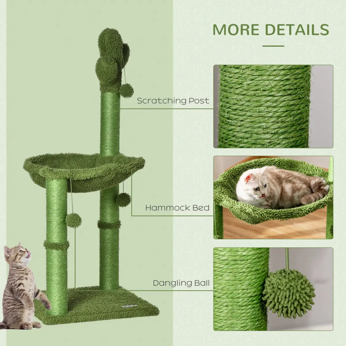 Pawhut Cactus Cat Tree for Indoor Cats w/ Scratching Post Hammock Bed Toy Ball - Green - Cat Tree