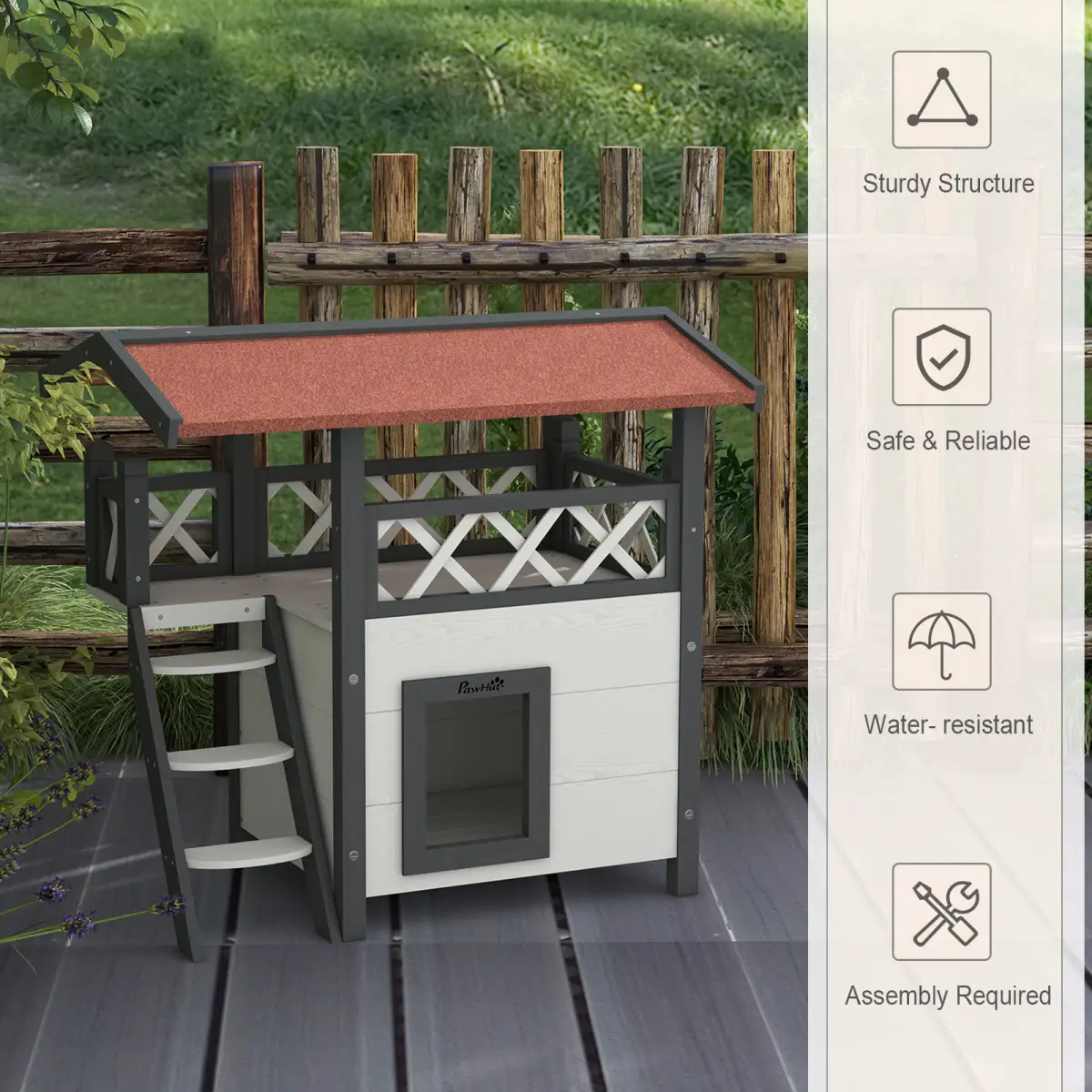 PawHut PawHut Outdoor Cat House with Balcony Stairs Roof, White - Cat House