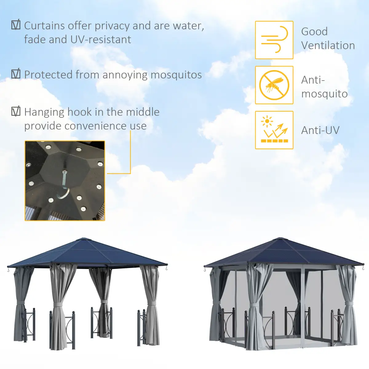 Outsunny 3m x 3m Outdoor Aluminium Alloy Gazebo w/ Curtains Dark Grey - Gazebos