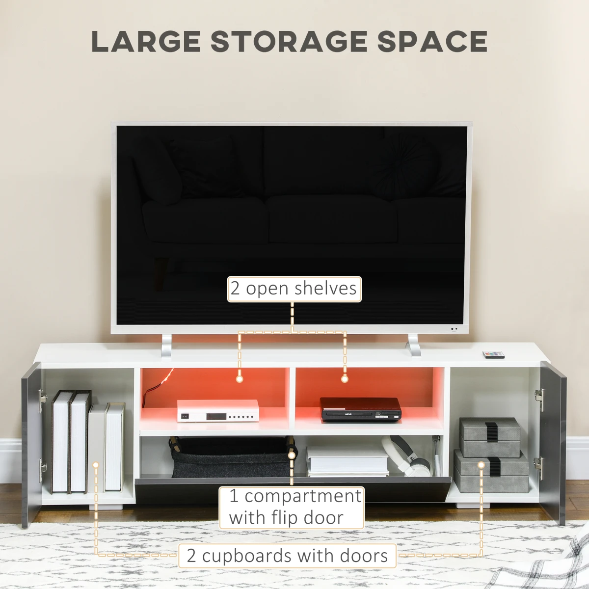 HOMCOM High Gloss TV Stand 137cm Wide With LED Lights For TV Setup - TV Unit