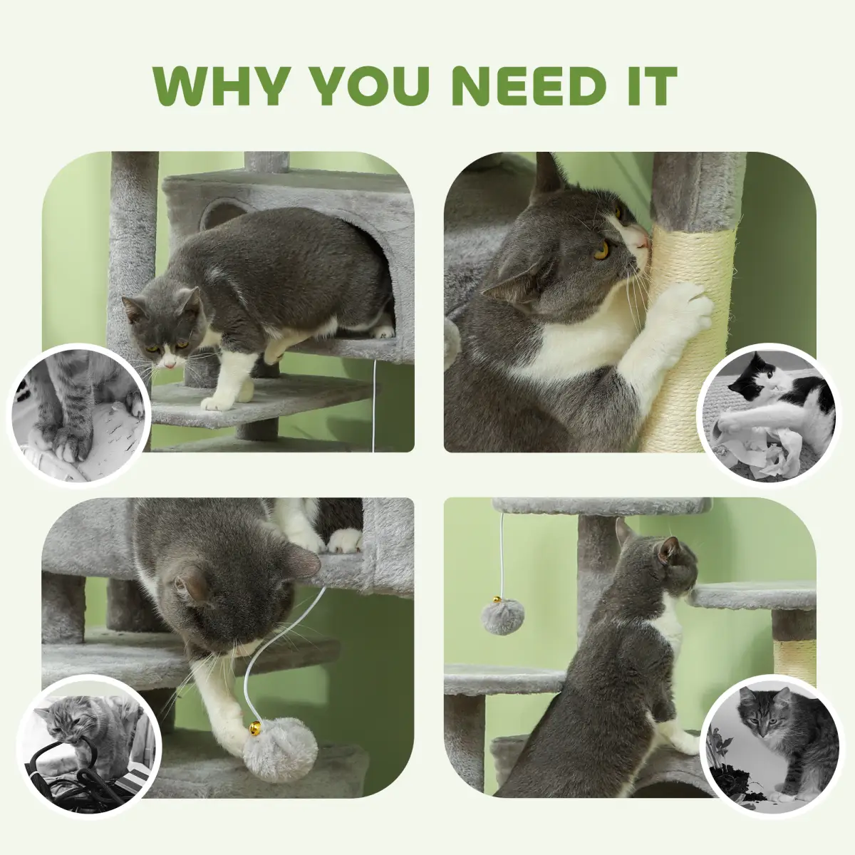PawHut PawHut 138cm Cat Tree with Scratching Posts and Pad, Bed, Condos, Light Grey - Cat Tree