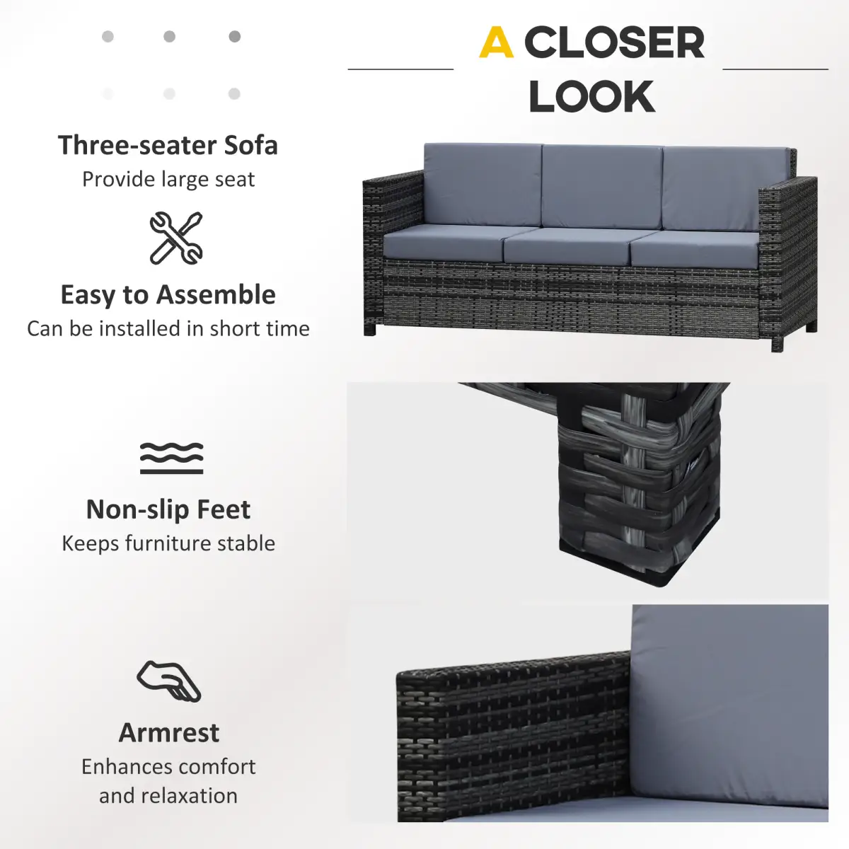 Outsunny 3-Seater Weather Resistant Outdoor Garden Rattan Sofa Grey - Garden Sofa Sets