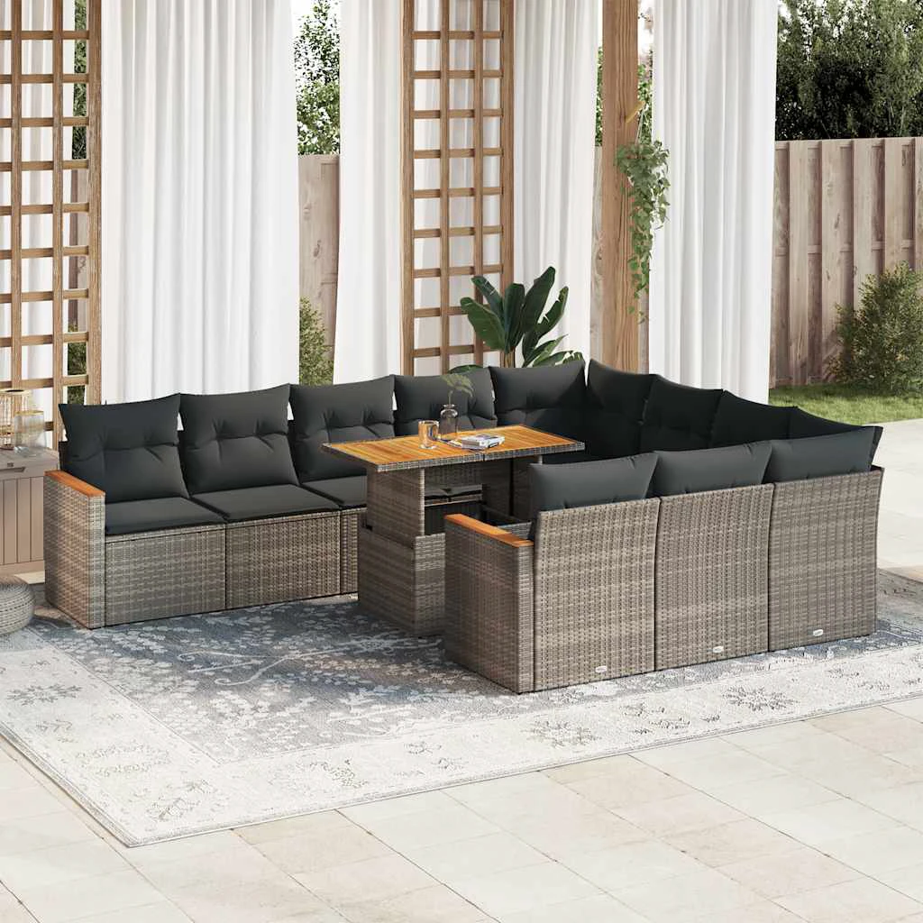 vidaXL 11 Piece Garden Sofa Set with Cushions Black Poly Rattan Acacia by vidaXL