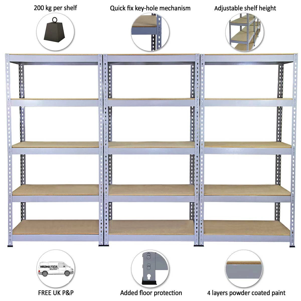 3 x Q-Rax Metal Racking Units 90 x 50 x 180cm Grey by Monster Shop