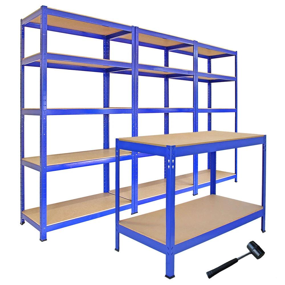 Monster Racking: 3 T-Rax Storage Shelving Units & 120cm Q-Rax Workbench by Monster Shop