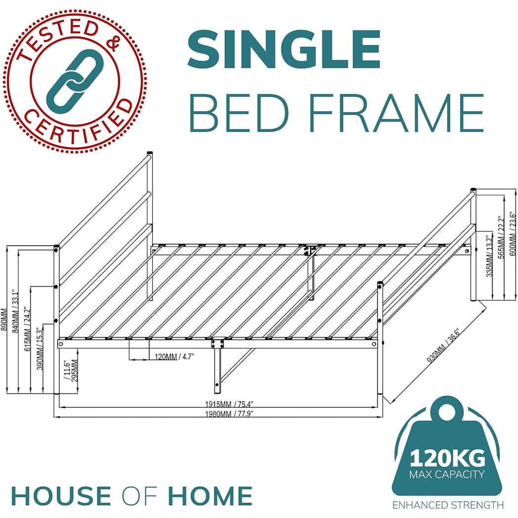 House of Home Extra Strong Single Metal Bed Frame with Rounded Head and Foot Board In White - Improved - Bed Frames