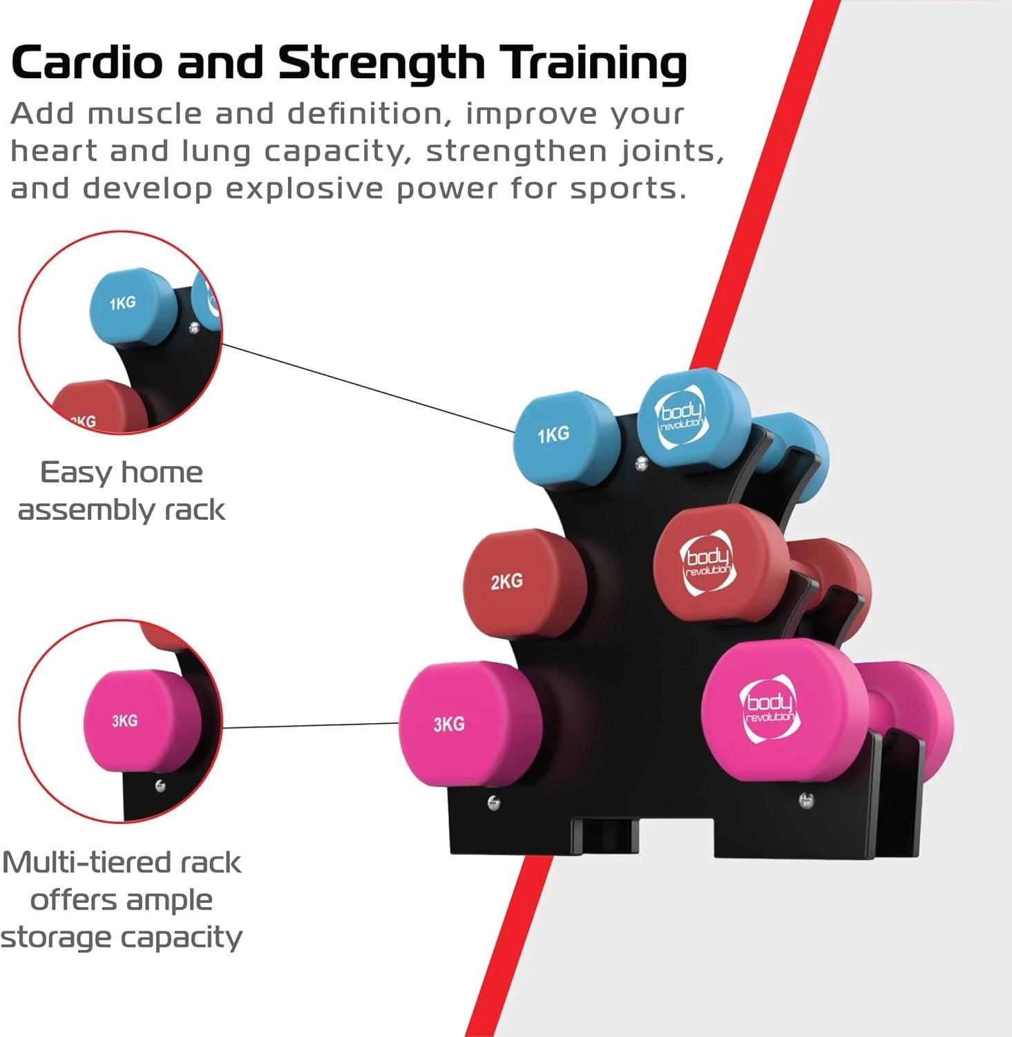 Monster Shop 12kg Neoprene Dumbbell Set with Rack -