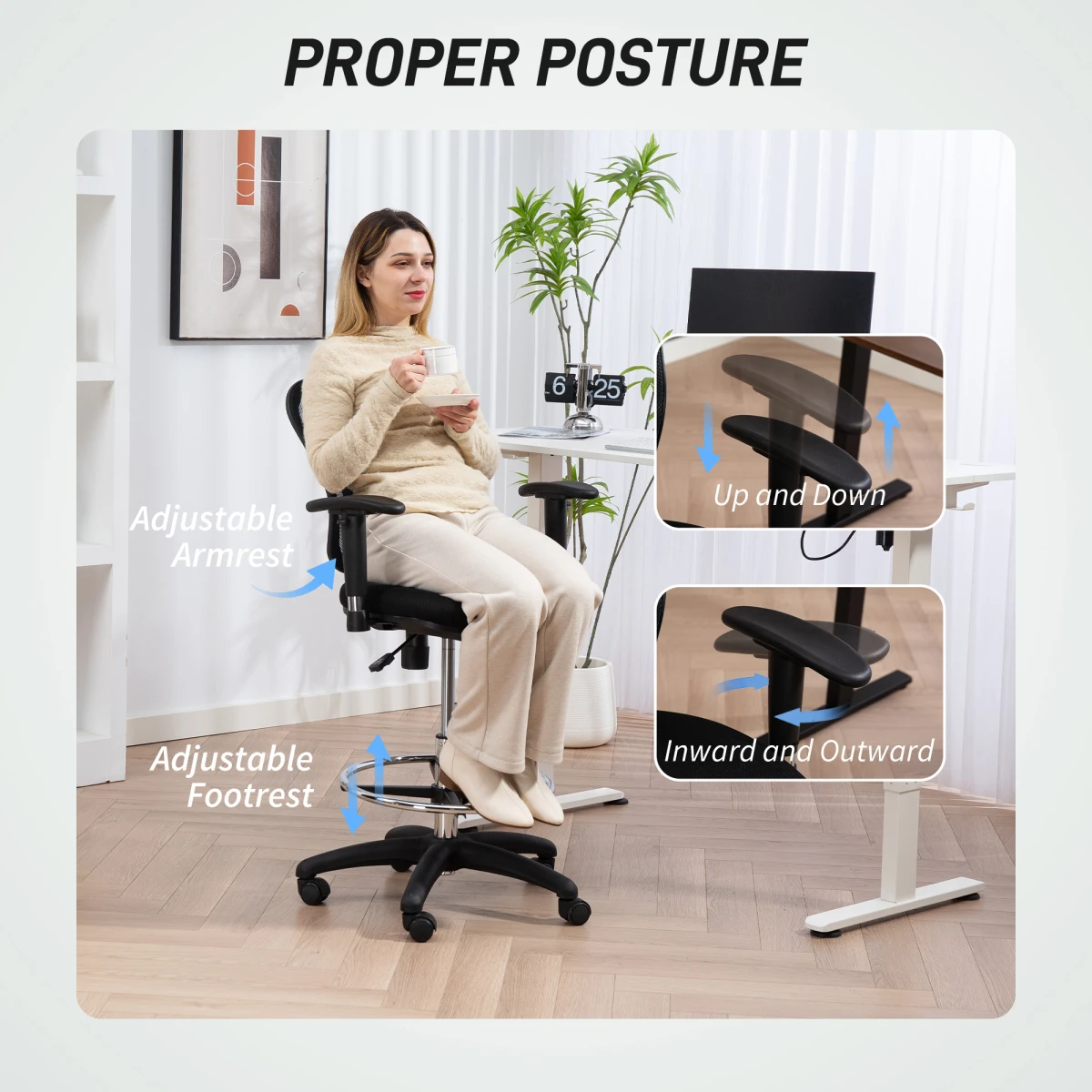 HOMCOM Drafting Stool 94-114cm Adjustable Office - Office Chair