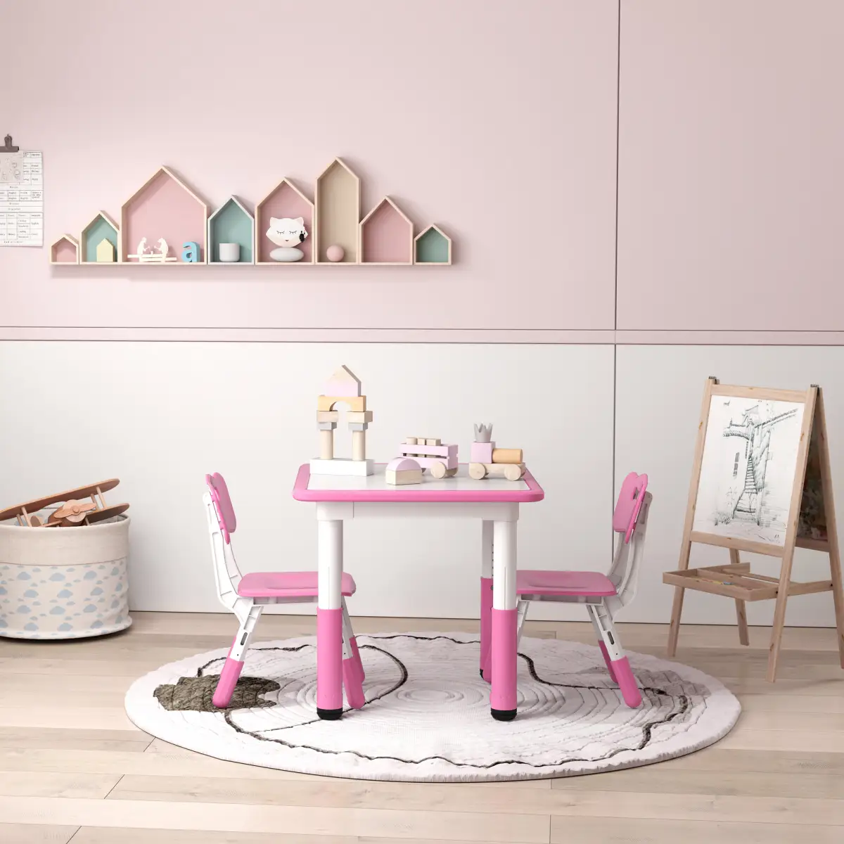 AIYAPLAY AIYAPLAY 3 Pcs Height Adjustable Kids Table and Chair Set for Playroom - Pink - Picnic Tables