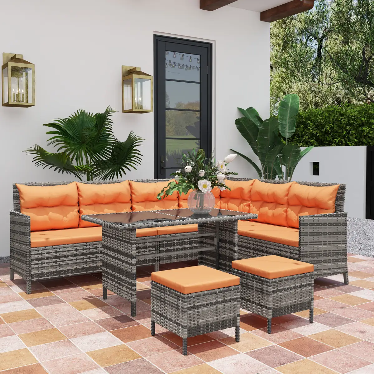 Outsunny Outsunny 6 PCs Patio wicker Sofa Set Rattan Chair Furniture, Orange - Garden Sofa Sets