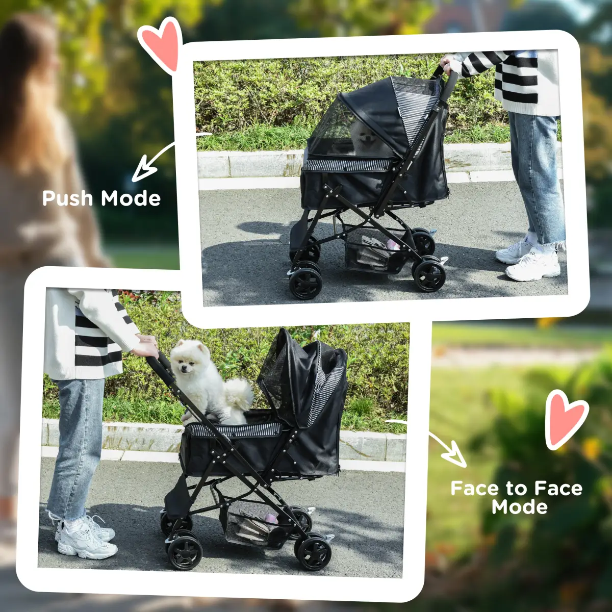 PawHut Pet Stroller Dog Foldable Travel Carriage with Reversible Handle, Black - Pet Carrier