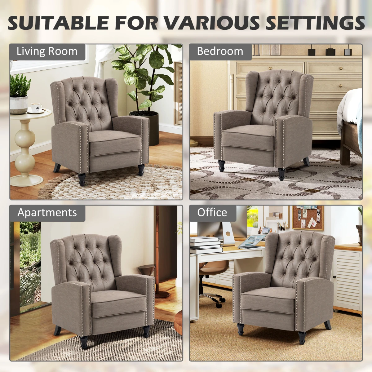 HOMCOM Armchair Standard Size Manual Reclining Footrest Nailhead Trim Brown Living Room by HOMCOM
