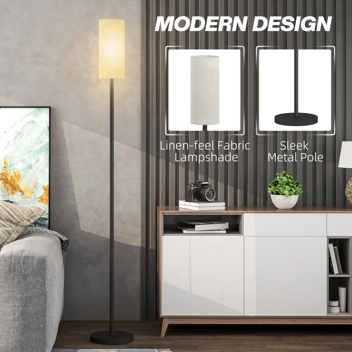 Modern Floor Lamp With Linen Shade 163cm Tall 22cm Base Foot Switch Easy Assembly LED Or Halogen Compatible by N/A