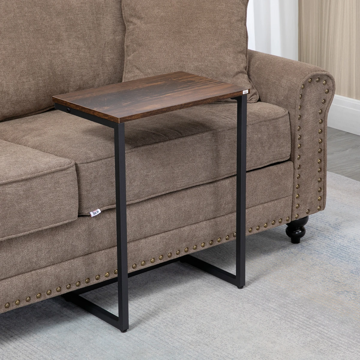 HOMCOM HOMCOM C Shaped Nesting Tables Set of 3 Small Medium Large Rustic Brown Steel Frame Space Saving Living Room End Tables - Nest of Tables