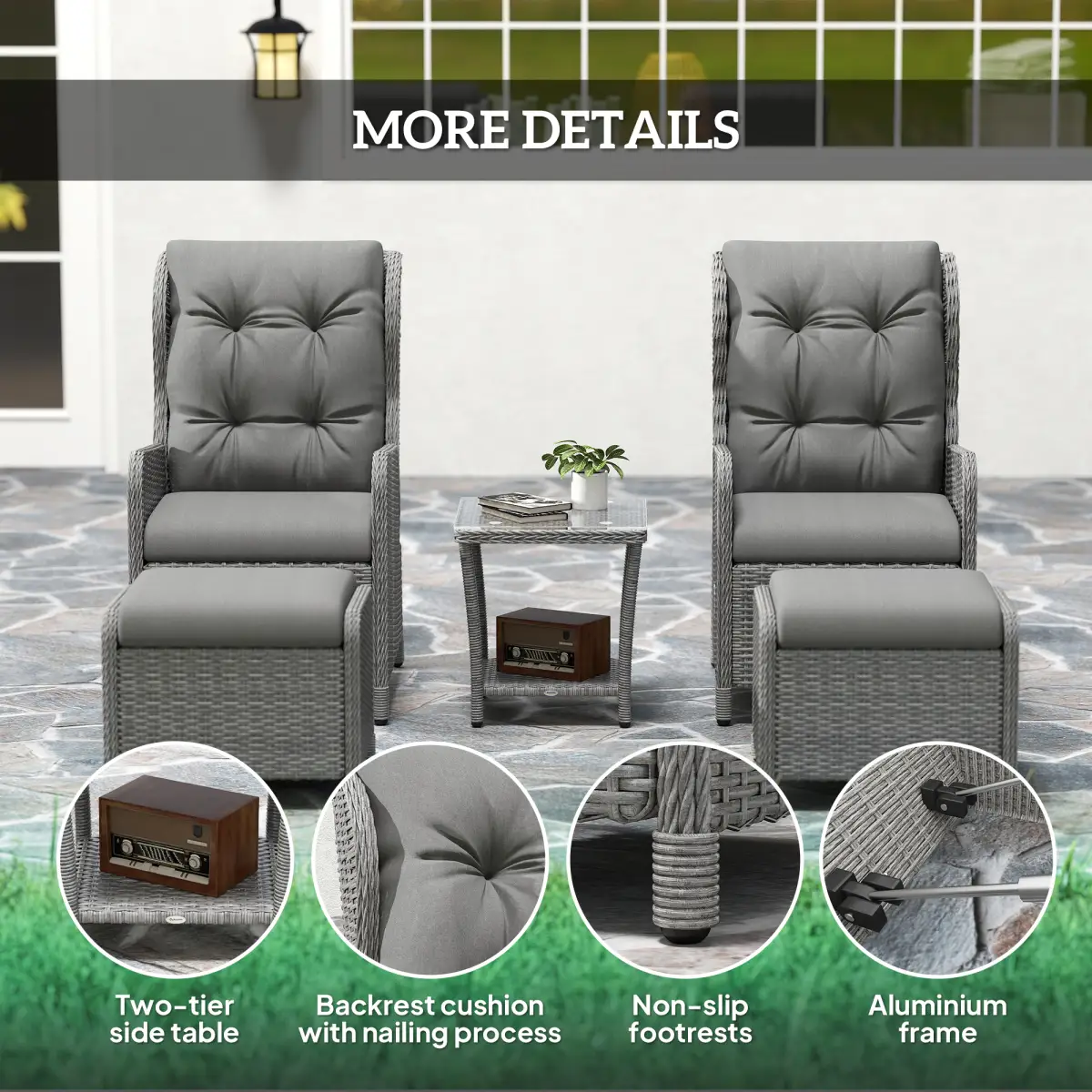 Outsunny Outsunny Recliner Rattan Garden Furniture w/ Two-tier Table, Light Grey - Garden Set