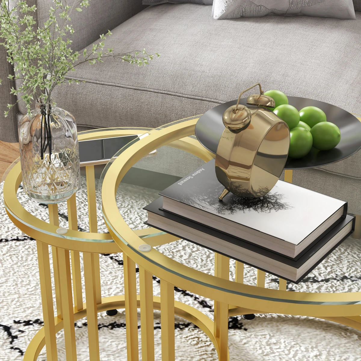HOMCOM Nesting Coffee Tables Two Piece Set Tempered Glass Tops Gold Art Deco Living Room Decor by HOMCOM