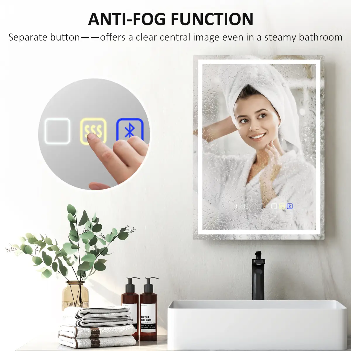 HOMCOM HOMCOM 500 x 700 mm Bathroom Mirror with Bluetooth Clock Lights Demister Pad - Clock