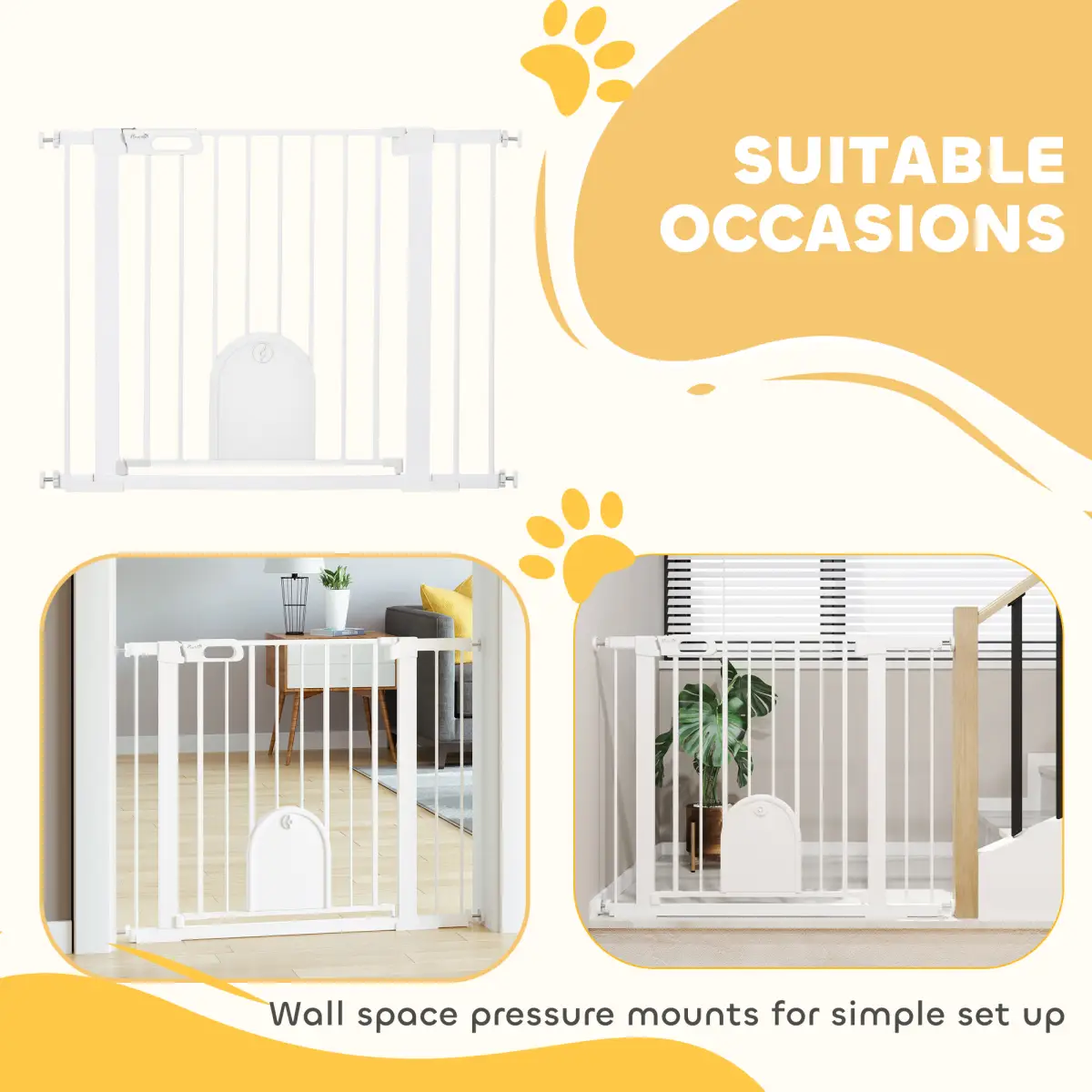 PawHut 75-103 cm Pet Safety Gate Pressure Fit Stair w/ Small Door Double Locking - Pet Gate