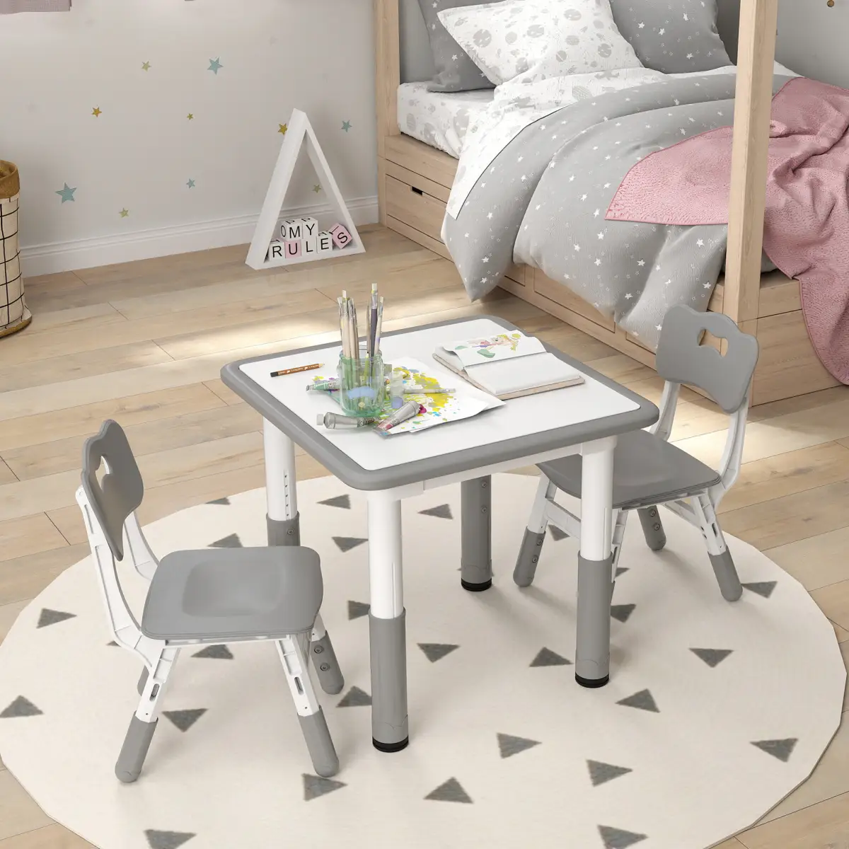 AIYAPLAY AIYAPLAY 3 Pcs Height Adjustable Kids Table and Chair Set for Playroom - Grey - Picnic Tables