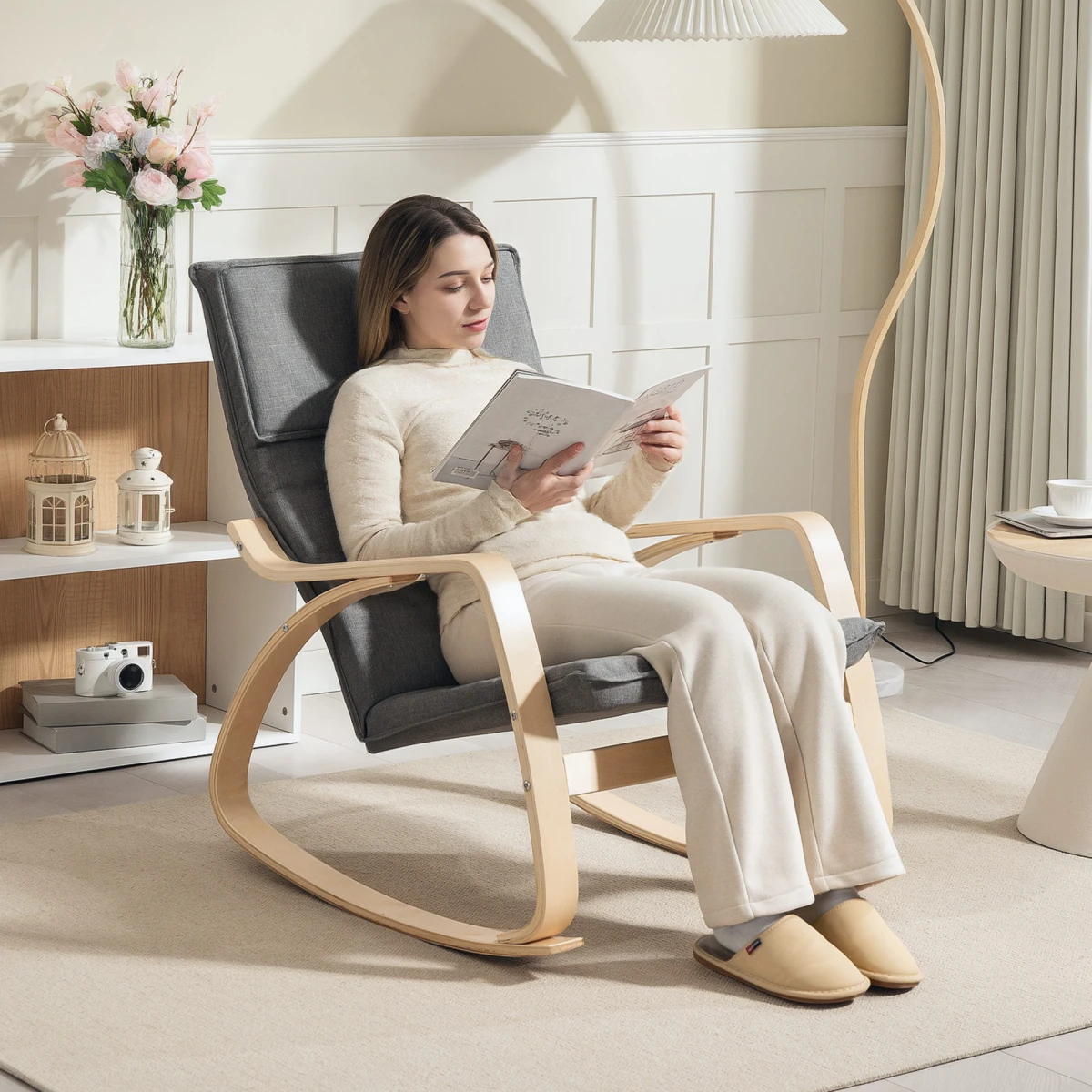 HOMCOM HOMCOM Rocking Chair Standard Size High Back with Headrest Linen Feel Grey for Living Room and Relaxation - Accent Chair