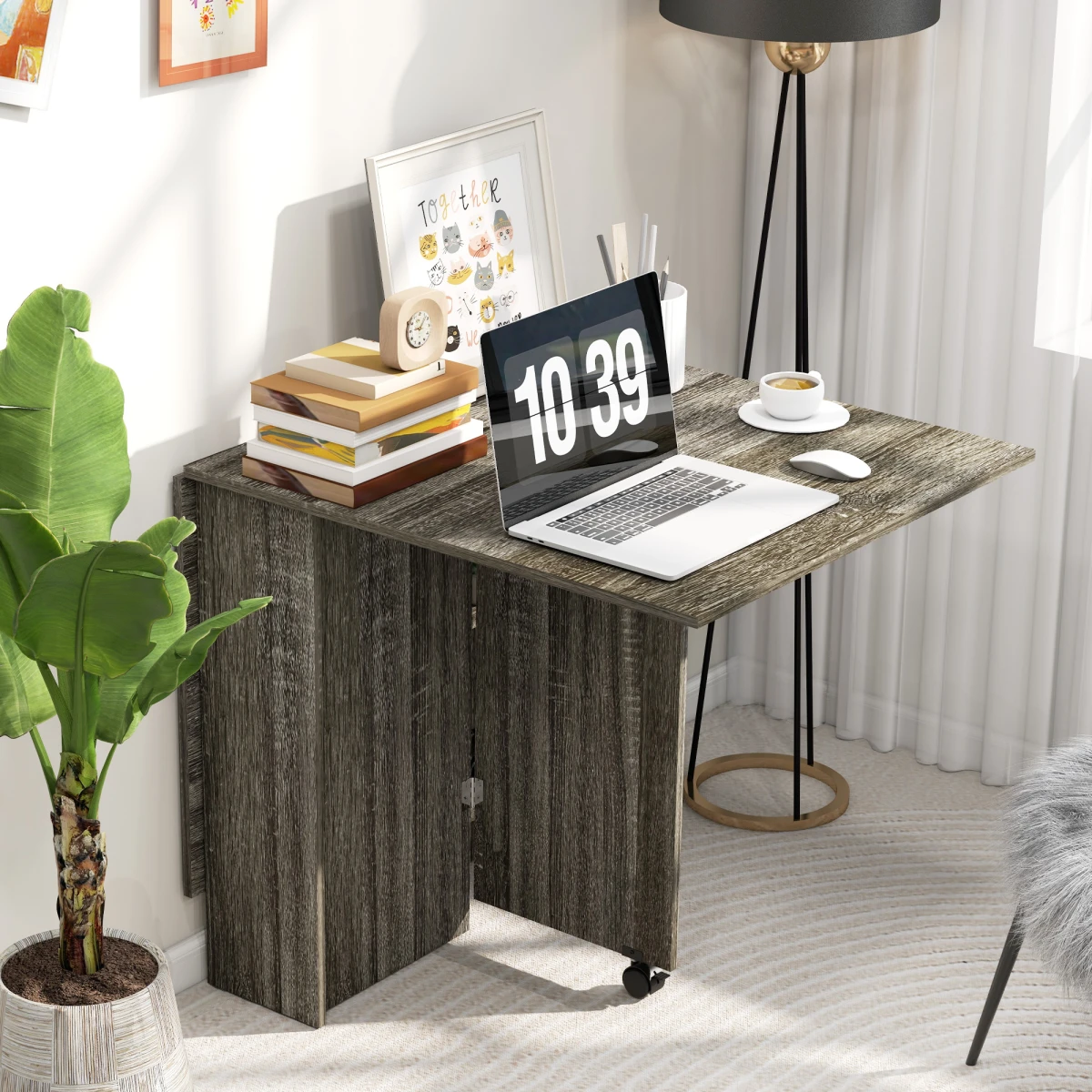 HOMCOM Drop Leaf Table Compact Grey With Wheels For Dining by AIYAPLAY